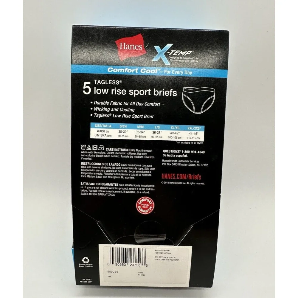 5pk Hanes X-Temp Comfort Cool Low Rise Sport Brief Tagless Mens Size 2XL 44-46